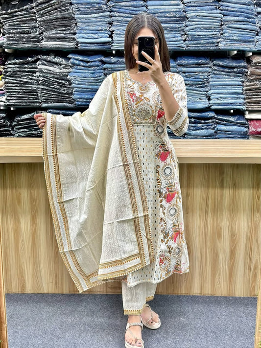 Elegant Cream Embroidered Cotton 3-Piece Suit with Dupatta