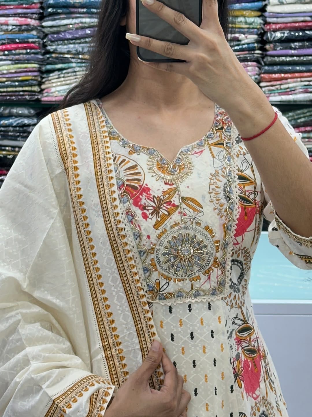 Elegant Cream Embroidered Cotton 3-Piece Suit with Dupatta