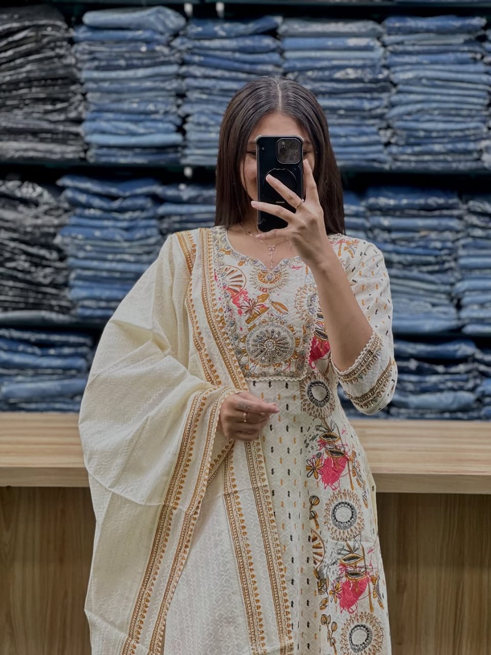 Elegant Cream Embroidered Cotton 3-Piece Suit with Dupatta