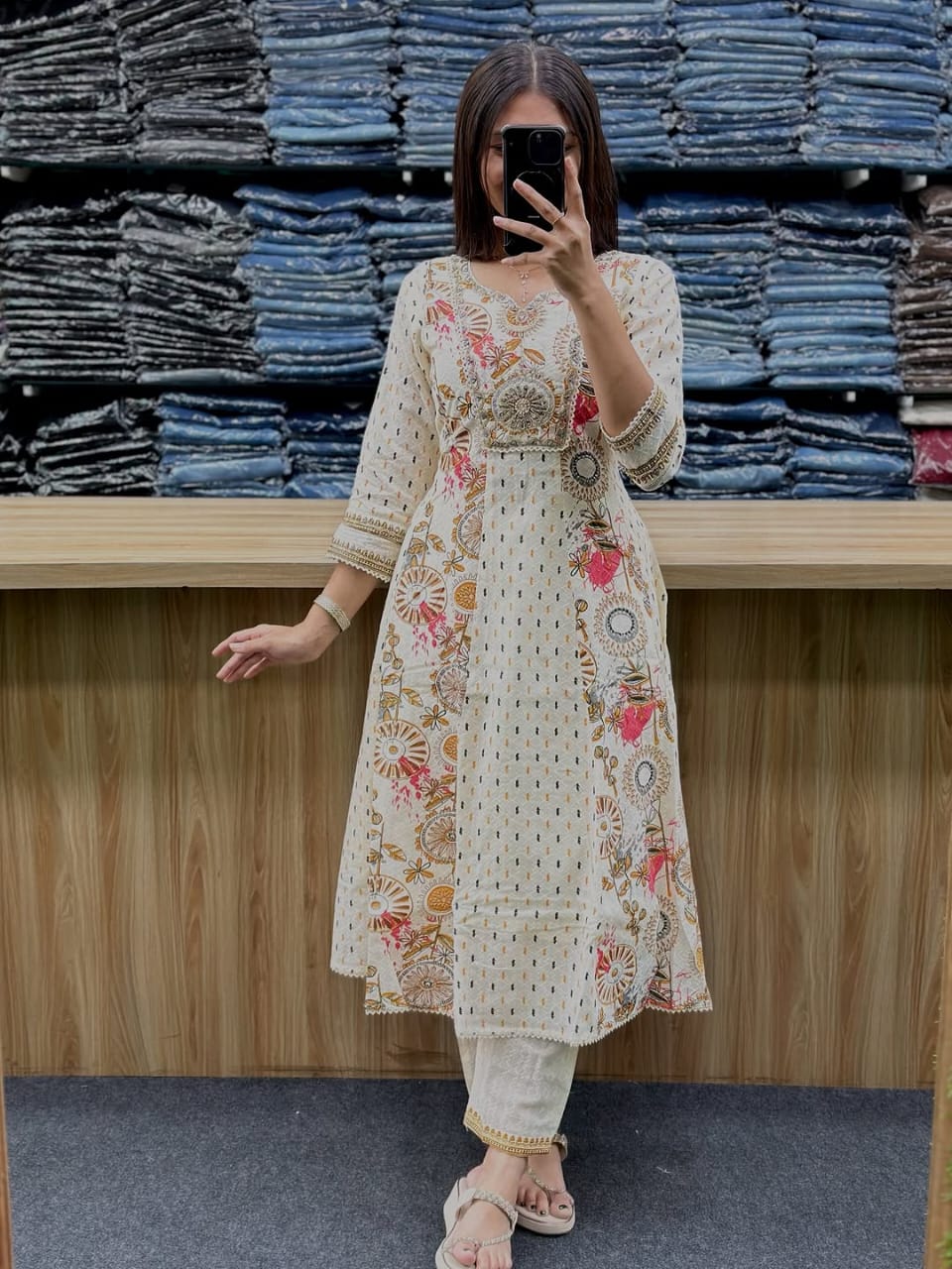 Elegant Cream Embroidered Cotton 3-Piece Suit with Dupatta