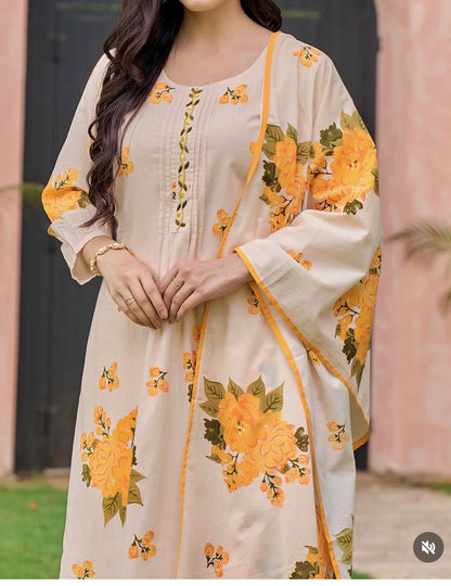 Sunlit Yellow Bloom Handwork Mul Cotton Suit