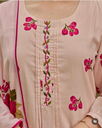 Blush Pink Bloom Handwork Mul Cotton Suit
