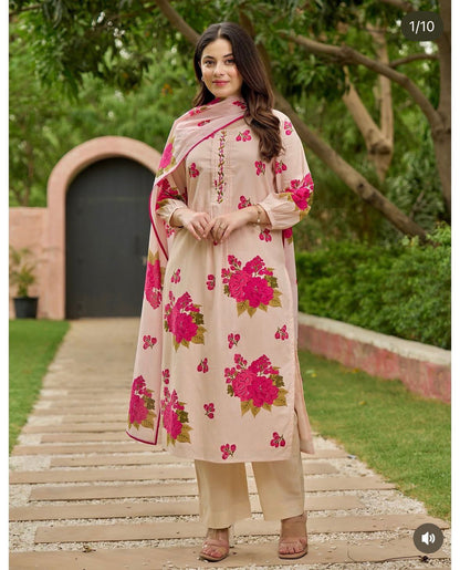 Blush Pink Bloom Handwork Mul Cotton Suit