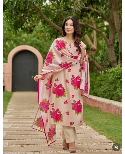 Blush Pink Bloom Handwork Mul Cotton Suit