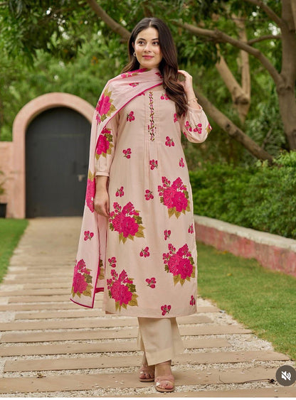 Blush Pink Bloom Handwork Mul Cotton Suit