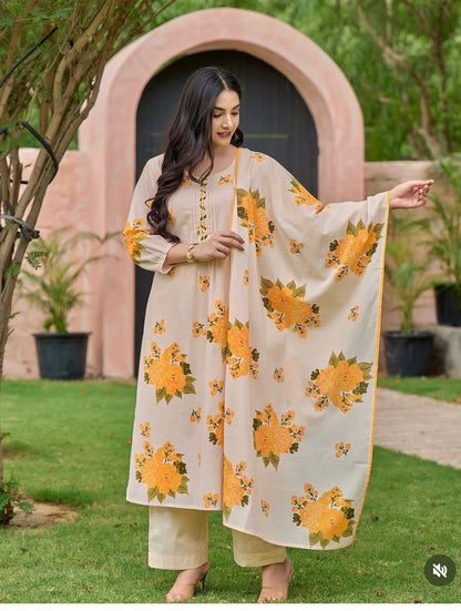 Sunlit Yellow Bloom Handwork Mul Cotton Suit