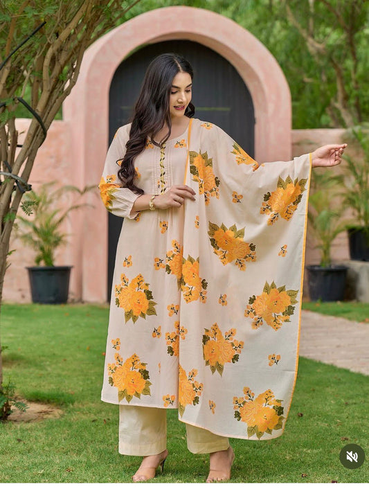 Sunlit Yellow Bloom Handwork Mul Cotton Suit