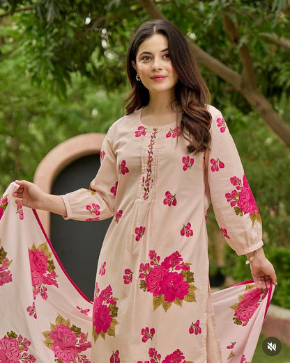 Blush Pink Bloom Handwork Mul Cotton Suit
