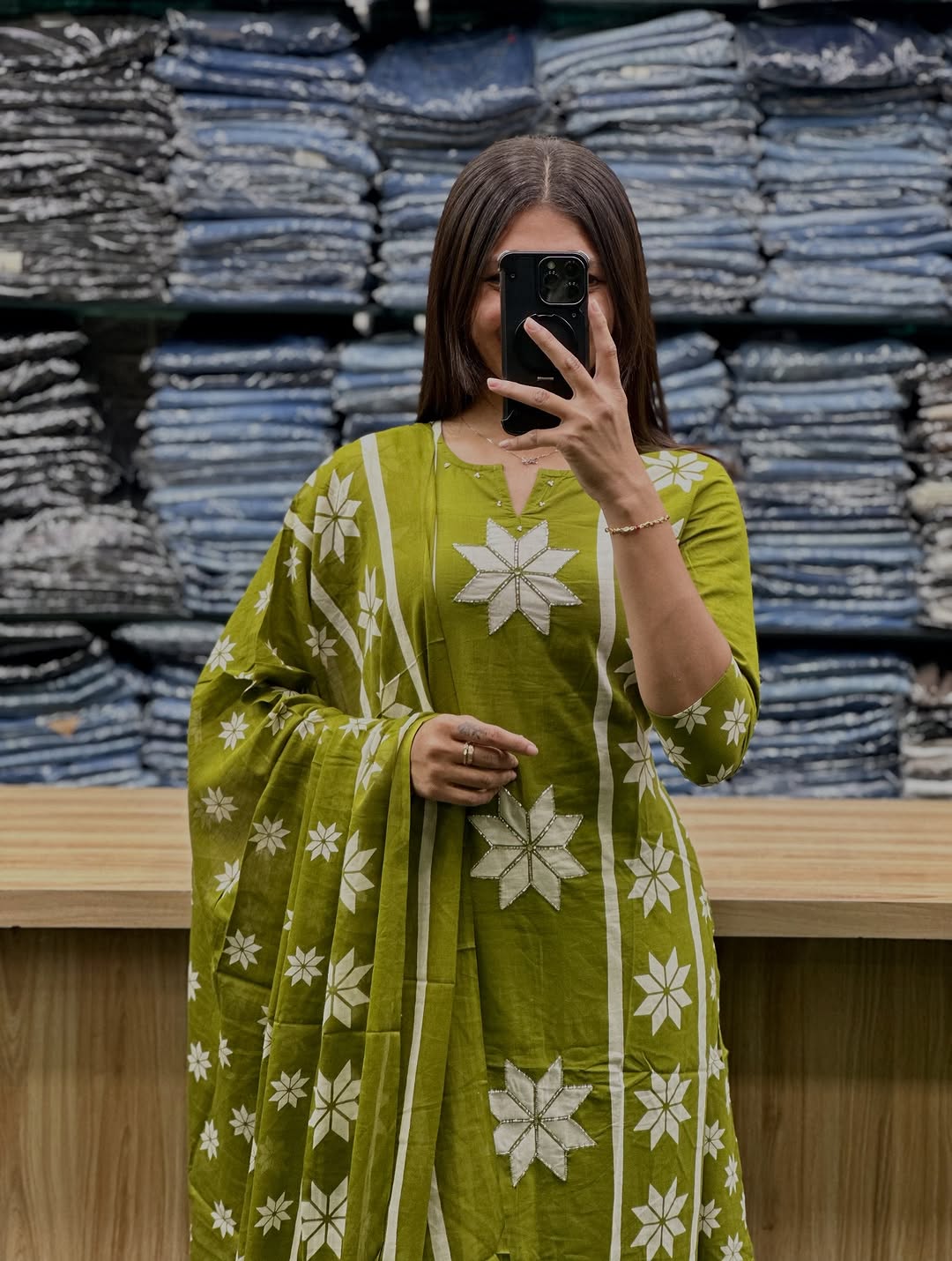 Olive Green Cotton Printed 3-Piece Suit with White Floral Motifs