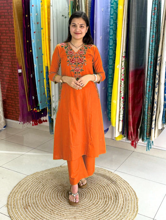 Elegant Orange Cotton Embroidered Kurta Set