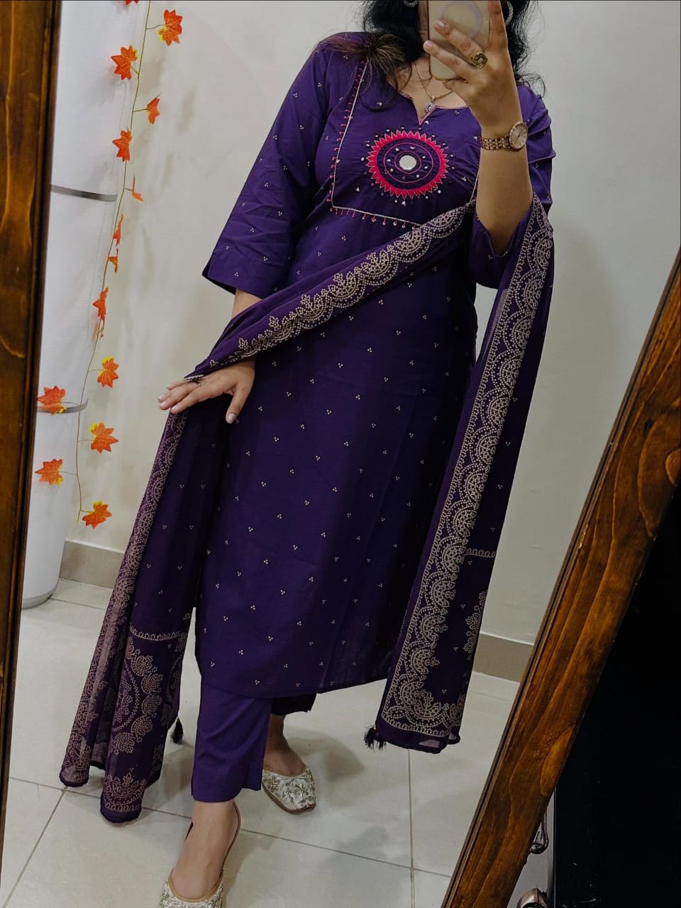 Elegant Purple Cotton Embroidered Suit Set with Dupatta
