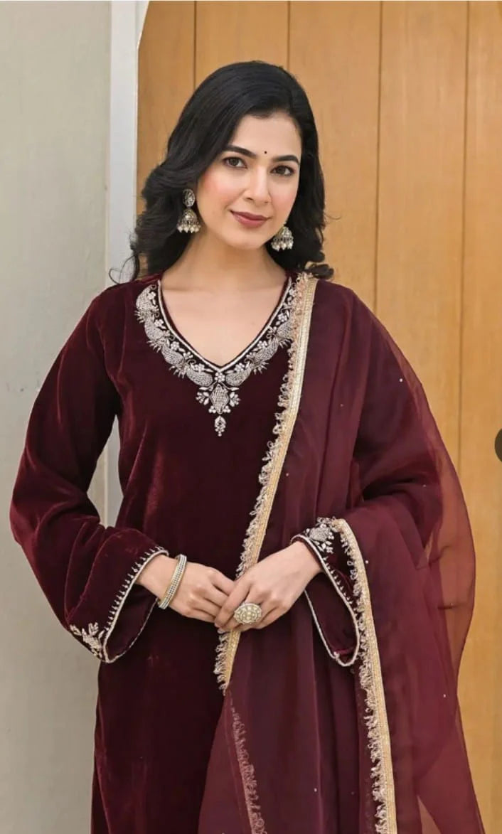 Elegant Maroon Velvet Suit Set with Embellished Dupatta