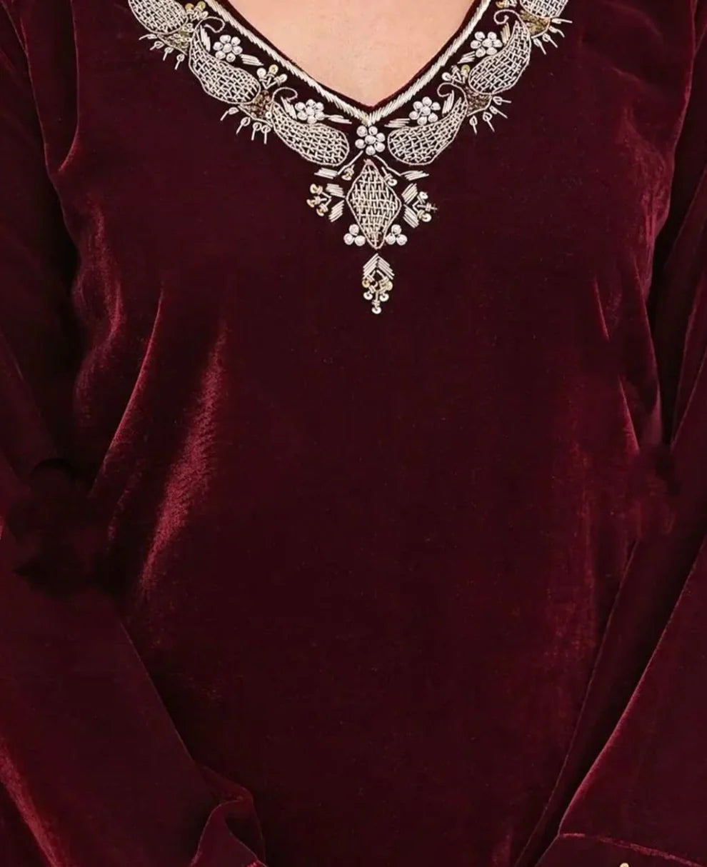 Elegant Maroon Velvet Suit Set with Embellished Dupatta