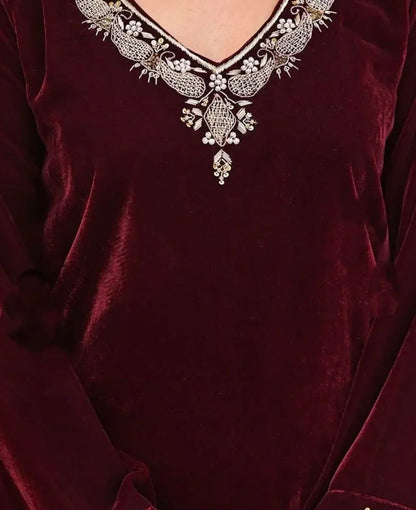 Elegant Maroon Velvet Suit Set with Embellished Dupatta