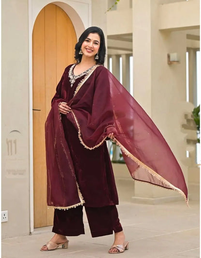 Elegant Maroon Velvet Suit Set with Embellished Dupatta