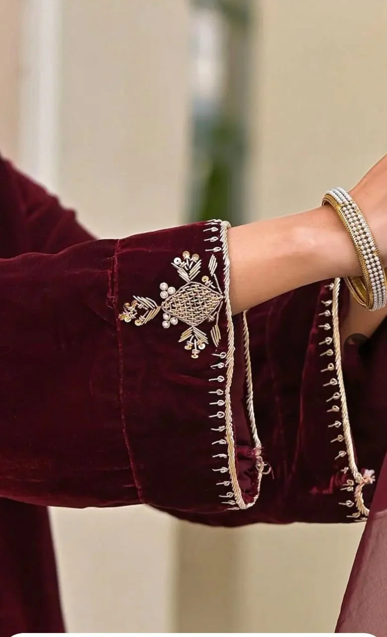 Elegant Maroon Velvet Suit Set with Embellished Dupatta