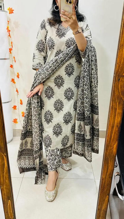 Black & Off-White Handblock Printed Straight Kurta Set with Dupatta for Women