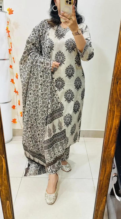 Black & Off-White Handblock Printed Straight Kurta Set with Dupatta for Women