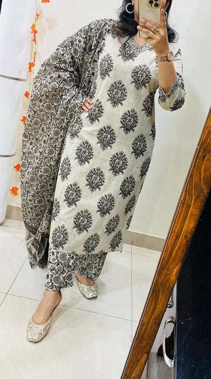 Black & Off-White Handblock Printed Straight Kurta Set with Dupatta for Women