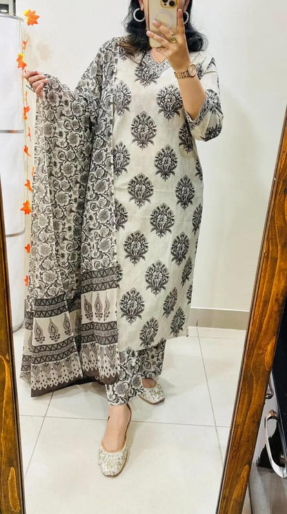 Black & Off-White Handblock Printed Straight Kurta Set with Dupatta for Women