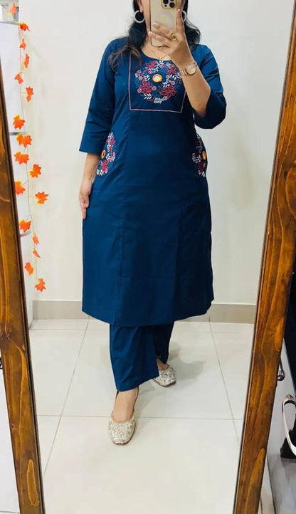 Navy Blue Embroidered Straight Kurta Set with Pants for Women