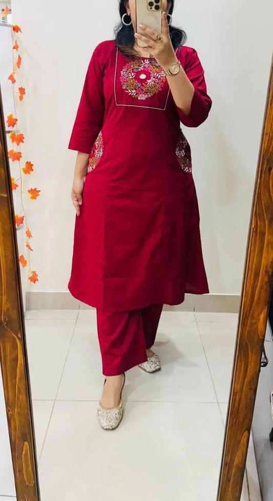 Maroon Embroidered Straight Kurta Set with Pants for Women