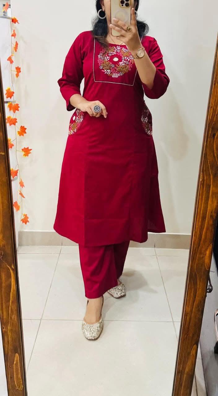 Maroon Embroidered Straight Kurta Set with Pants for Women