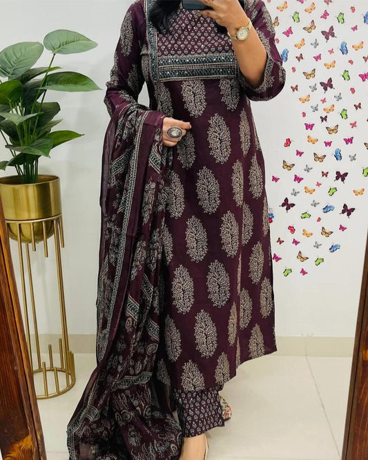 Wine Purple Printed Kurta Set with Dupatta for Women