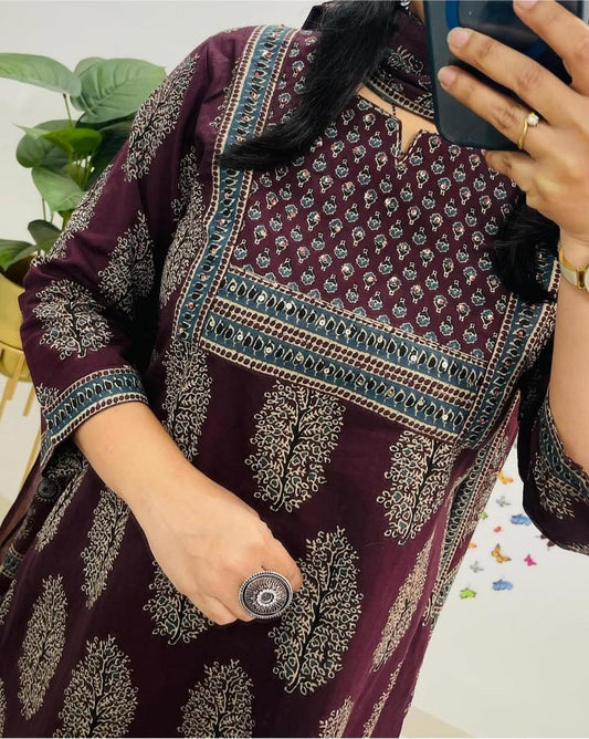 Wine Purple Printed Kurta Set with Dupatta for Women