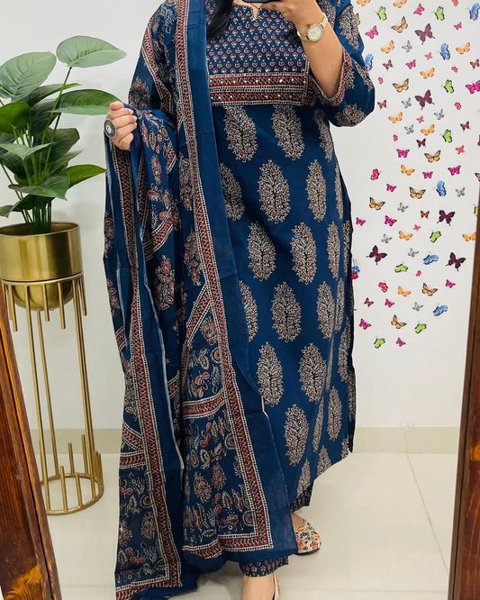 Navy Blue Printed Kurta Set with Dupatta for Women