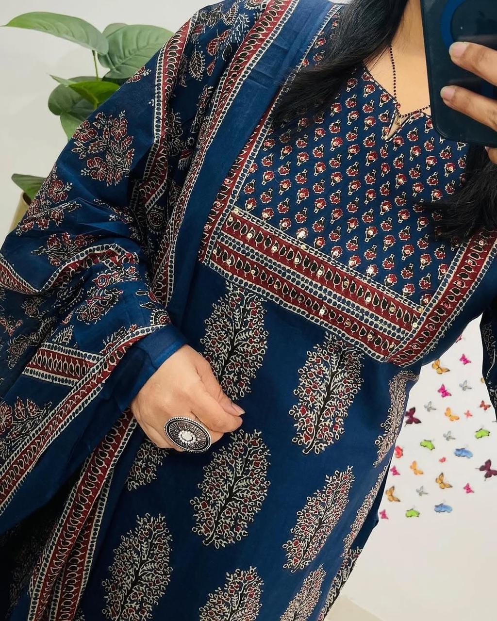 Navy Blue Printed Kurta Set with Dupatta for Women
