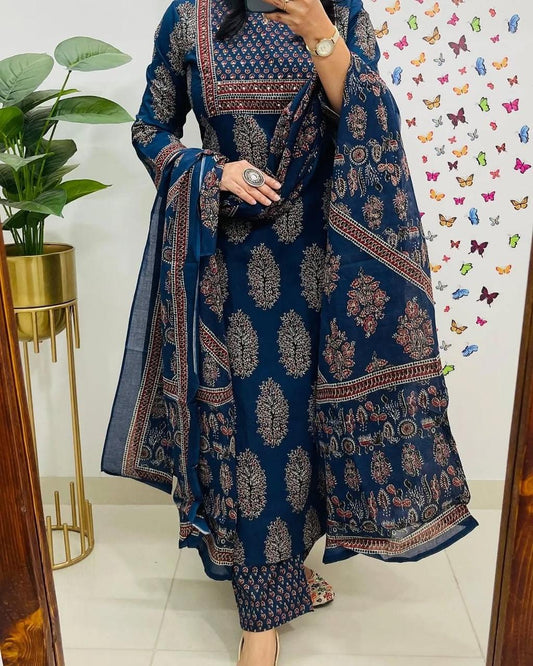 Navy Blue Printed Kurta Set with Dupatta for Women