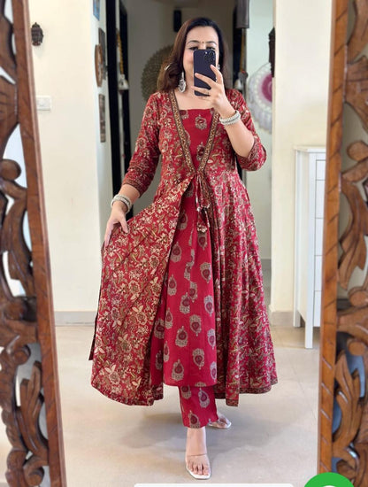 Red Printed Anarkali Kurta Set with Dupatta for Women