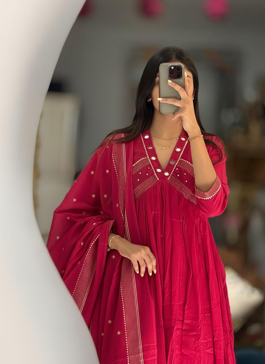 Rani Pink Anarkali Kurta Set with Dupatta for Women