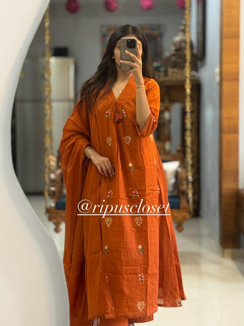 Rust Orange Embroidered Straight Kurta Set with Dupatta for Women