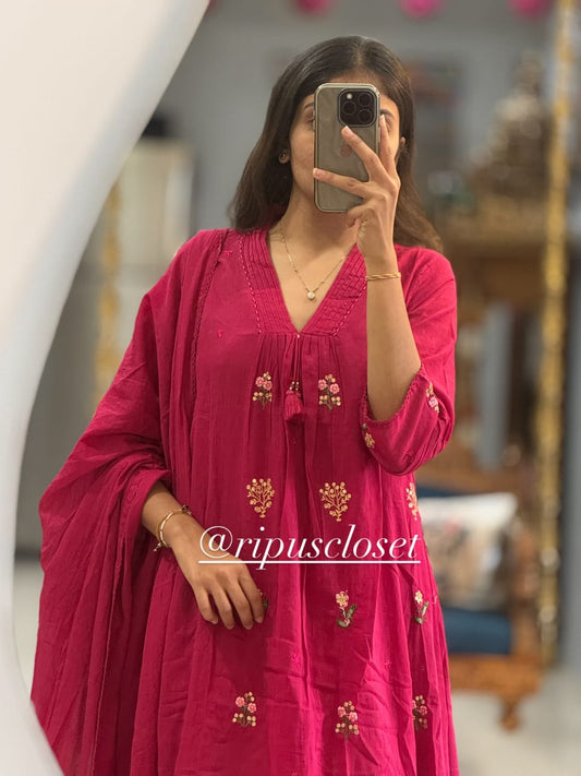 Rani Pink Embroidered Straight Kurta Set with Dupatta for Women