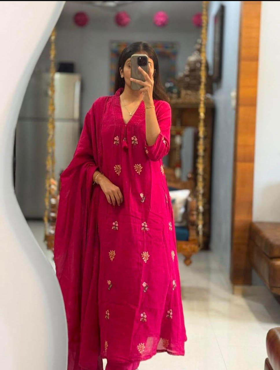 Rani Pink Embroidered Straight Kurta Set with Dupatta for Women