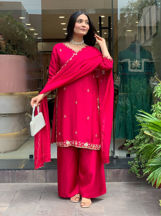Fuchsia Pink Embroidered Kurta Palazzo Set with Dupatta for Women