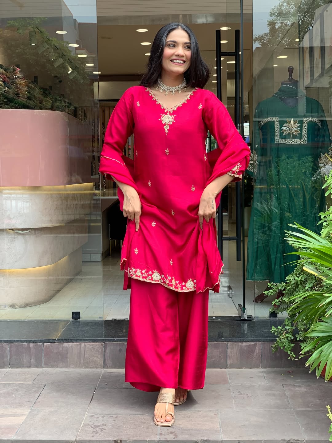 Fuchsia Pink Embroidered Kurta Palazzo Set with Dupatta for Women