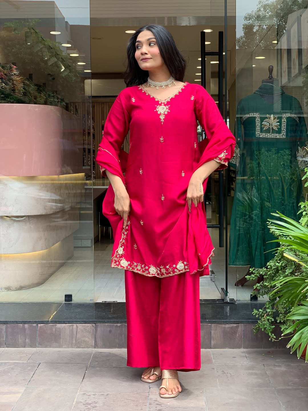 Fuchsia Pink Embroidered Kurta Palazzo Set with Dupatta for Women