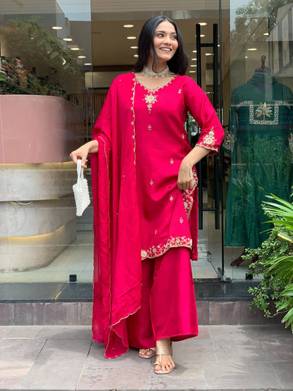 Fuchsia Pink Embroidered Kurta Palazzo Set with Dupatta for Women