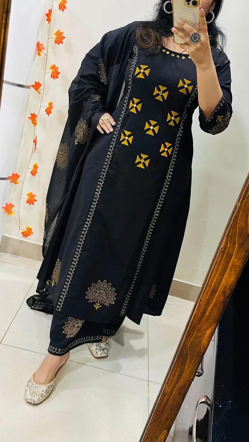 Women’s Black Cotton Printed Kurta Pant Set with Dupatta