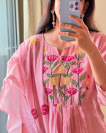 Pink Hand Embroidered Cotton Kurta Set with Dupatta