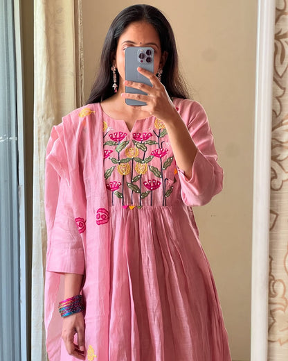 Pink Hand Embroidered Cotton Kurta Set with Dupatta