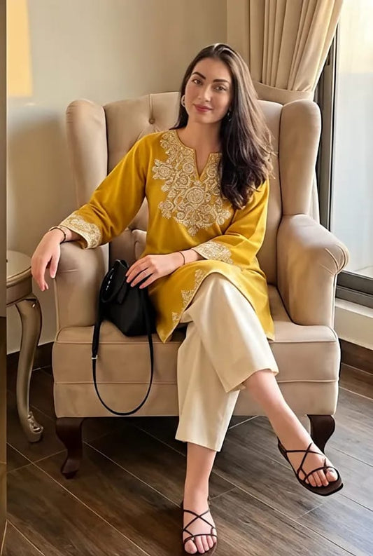 Yellow Embroidered Kurta Pant Set for Women