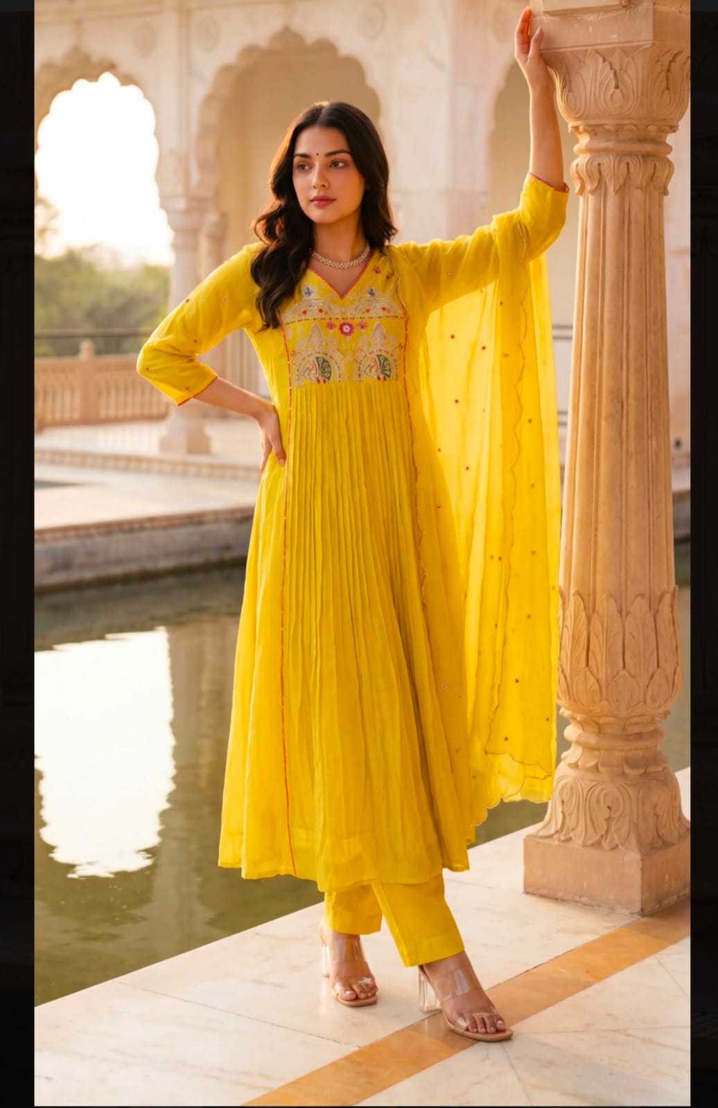 Premium Mul Chanderi Anarkali Suit Set in Yellow with Zari Detailing & Dupatta