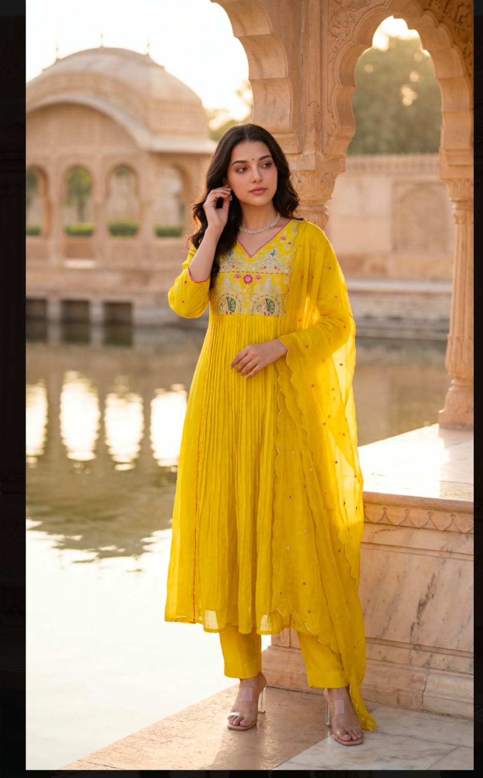 Premium Mul Chanderi Anarkali Suit Set in Yellow with Zari Detailing & Dupatta