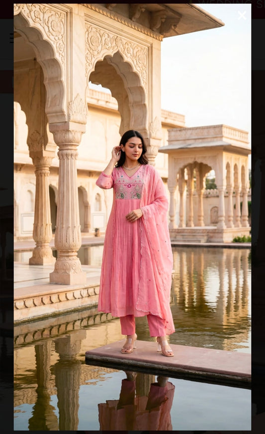 Premium Mul Chanderi Anarkali Suit Set in Pink with Zari Detailing & Dupatta