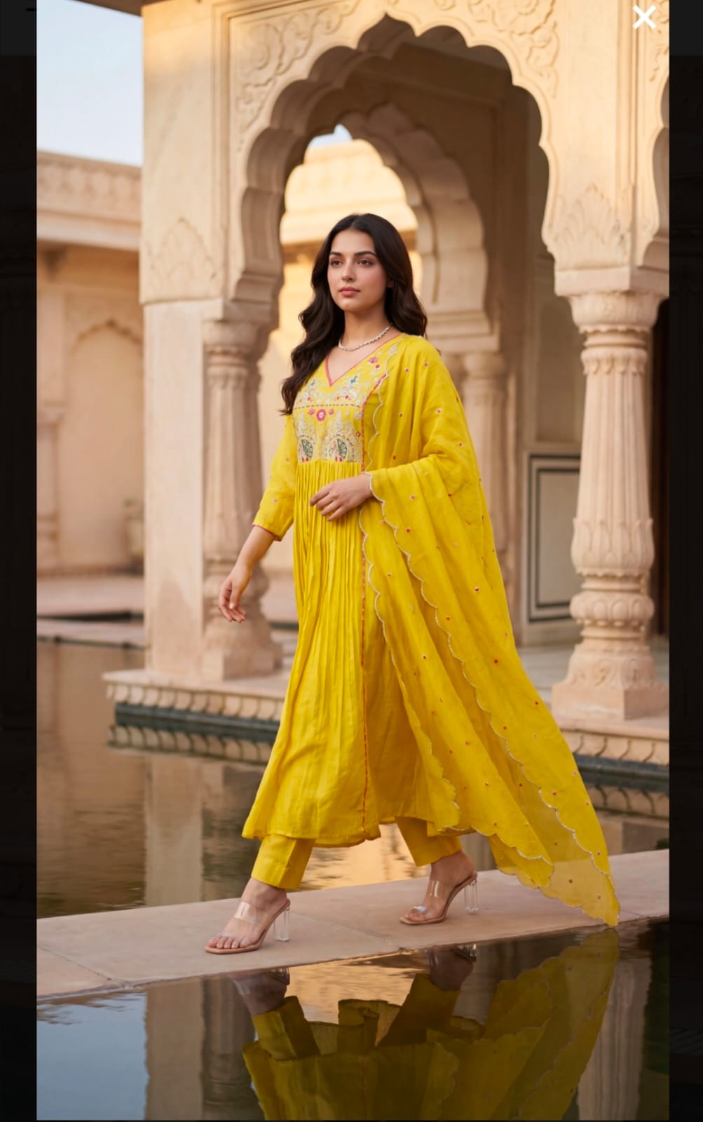 Premium Mul Chanderi Anarkali Suit Set in Yellow with Zari Detailing & Dupatta