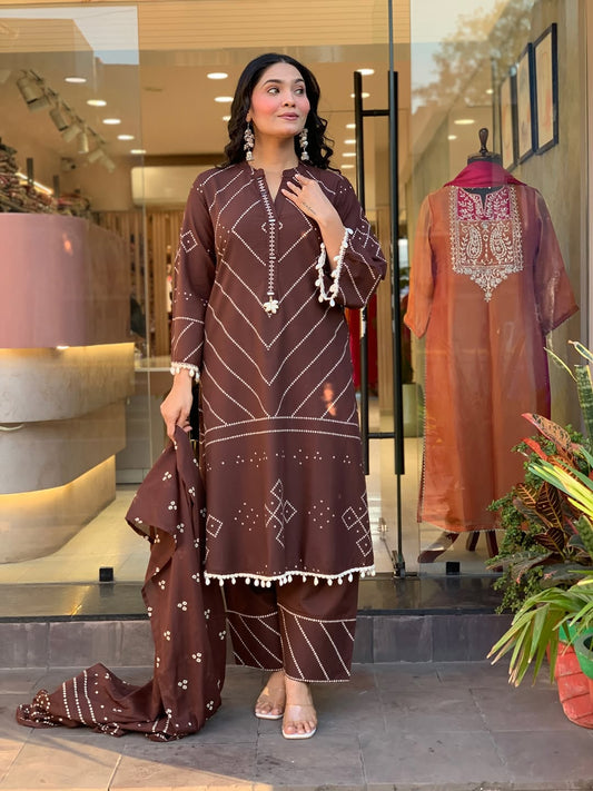 Premium Chocolate Brown Kurti Pant Dupatta Set